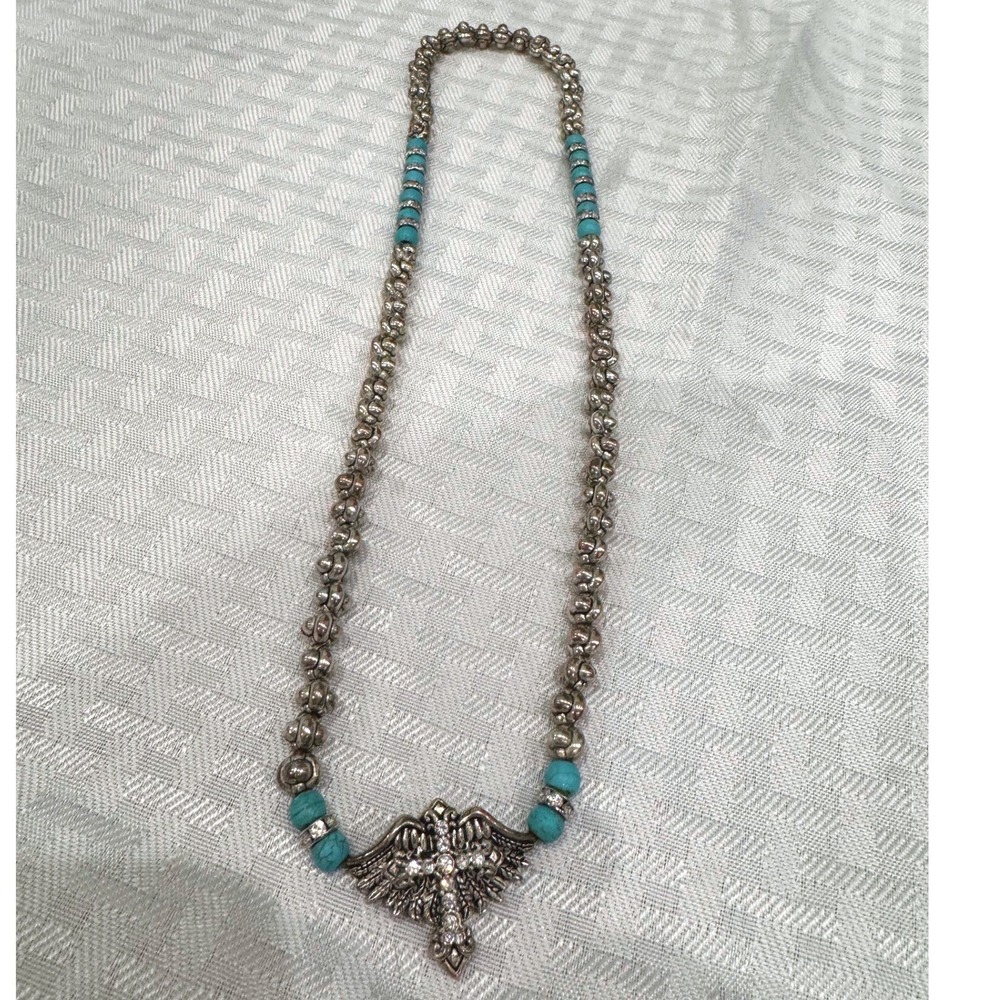Winged Cross Necklace‎ Women OS Silver Turquoise Good Boho Western Rhinestone